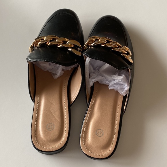 Gold Chain Detail Flat Slip On Mule in Black Faux Leather - Women’s - Picture 2 of 8